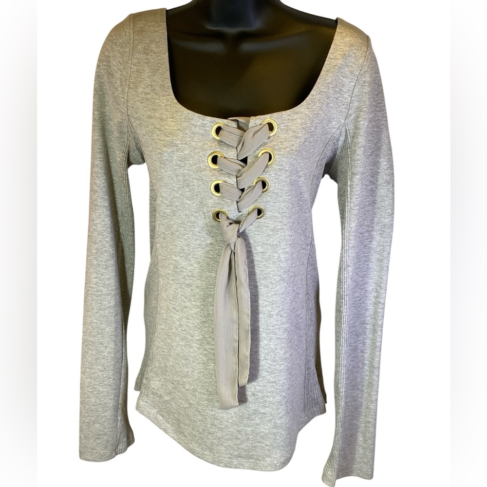 Free People Gray Lace-Up Long Sleeve Top Women’s Size Large - Picture 6 of 6
